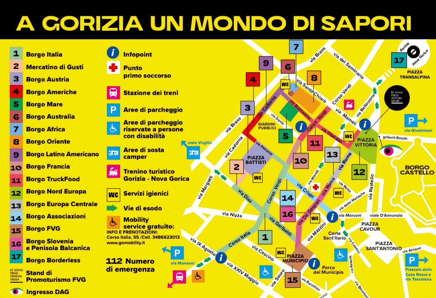 Official Gusti di Frontiera 2026 map showing the 17 borghi, info points, restrooms, first aid, parking and emergency exit routes